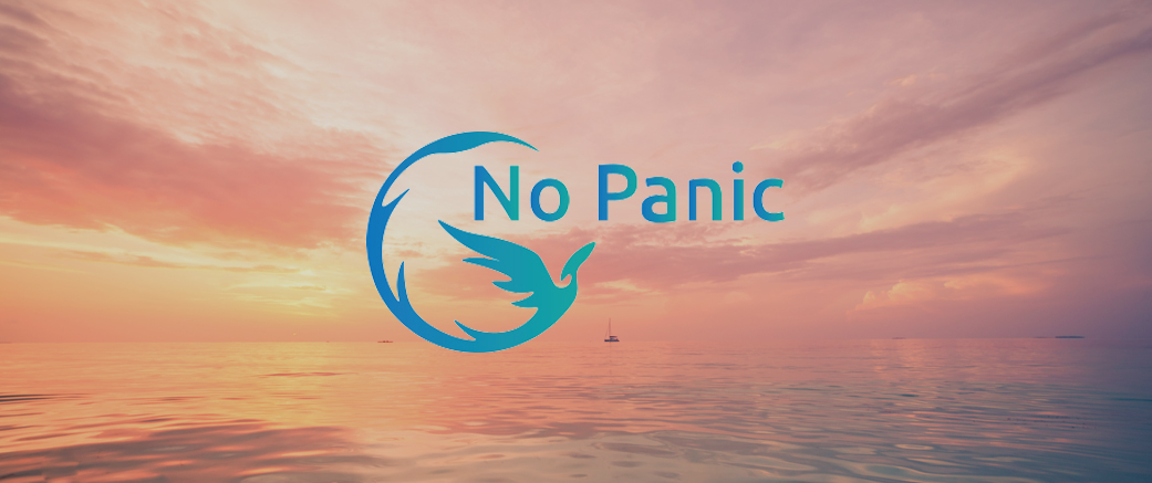 No Panic logo on image of a calm sky and sea landscape